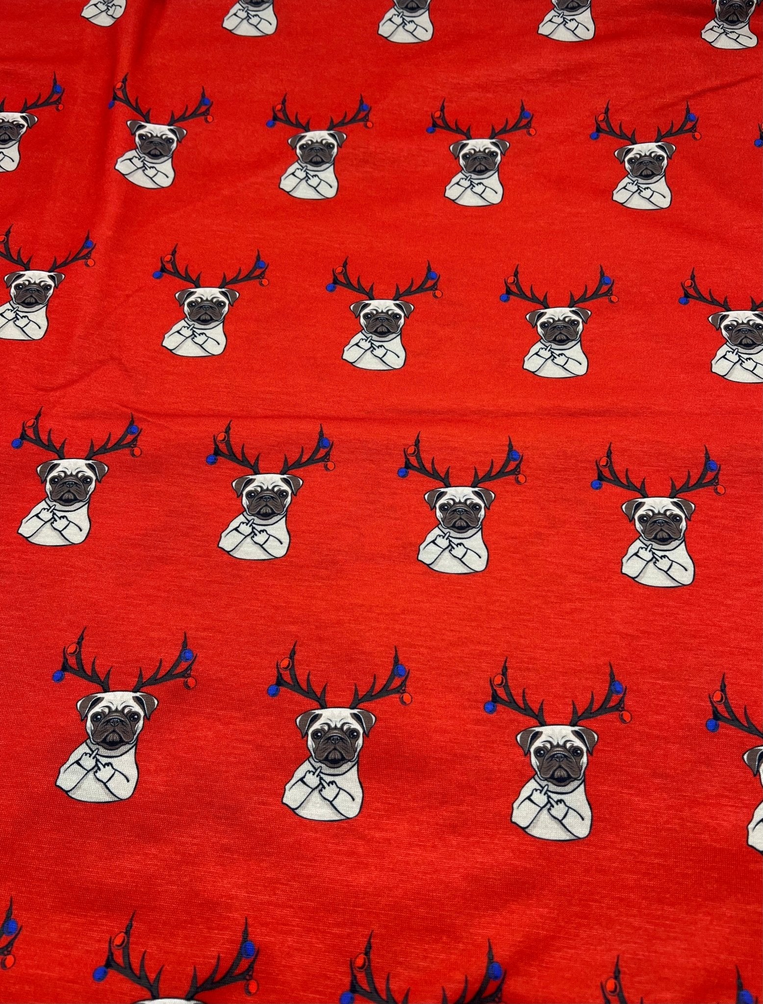 Naughty Pug Print Soft Spun Poly Stretch Fabric - T9 Fabrics